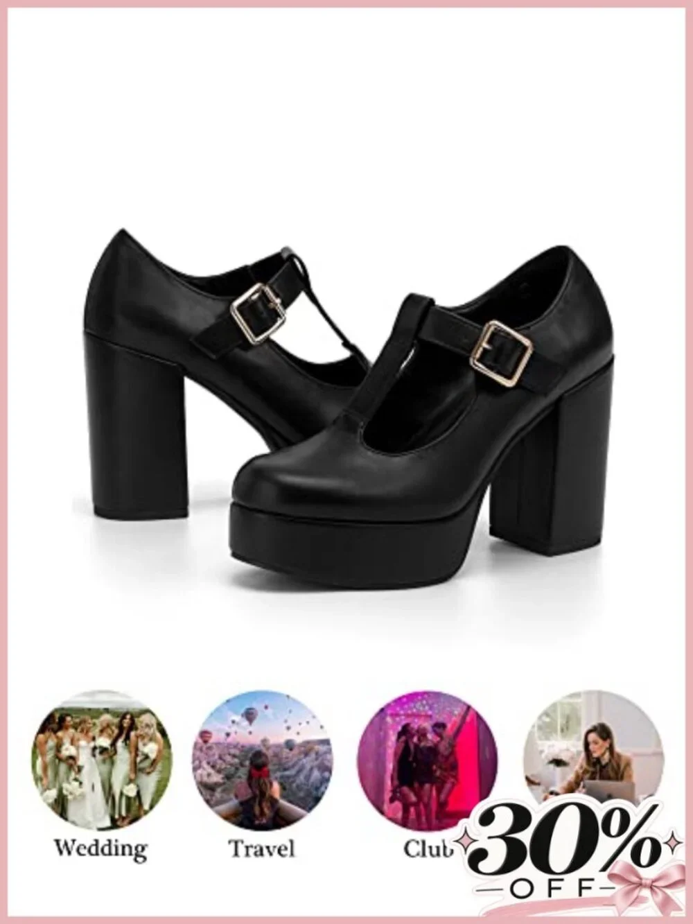 T-Strap Chunky Platform Mary Jane Heels Faux Leather Dress Pumps